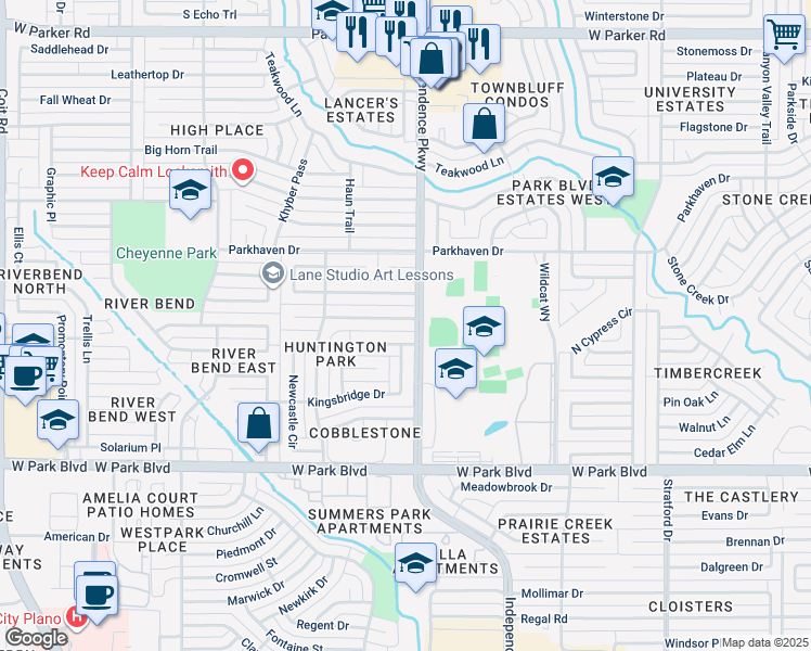 map of restaurants, bars, coffee shops, grocery stores, and more near 3112 Canterbury Drive in Plano