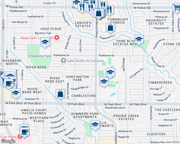 map of restaurants, bars, coffee shops, grocery stores, and more near 3112 Canterbury Drive in Plano