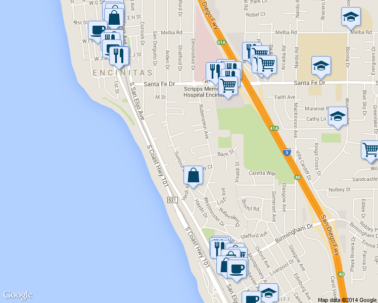 map of restaurants, bars, coffee shops, grocery stores, and more near 215 Avenue de Monaco in Cardiff By The Sea