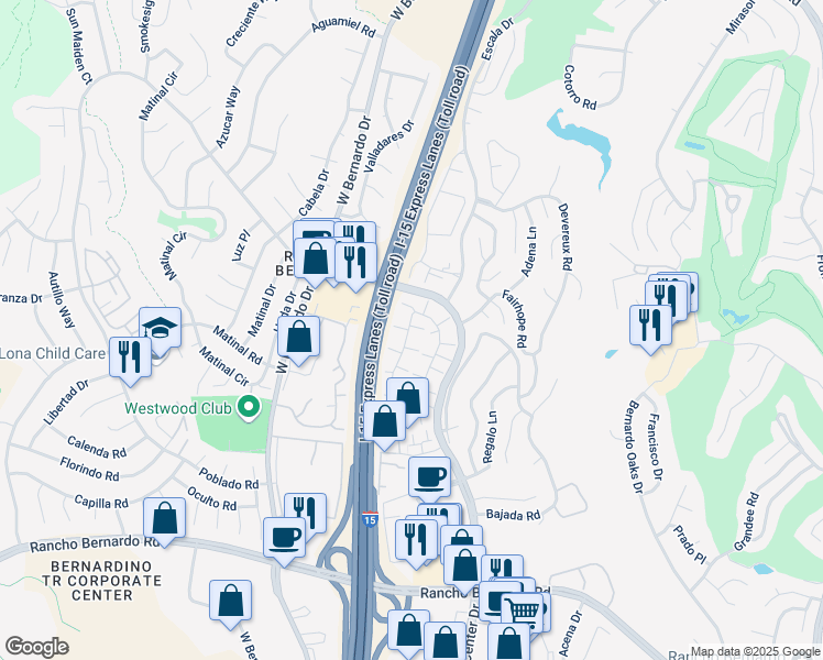 map of restaurants, bars, coffee shops, grocery stores, and more near 17523 Ashburton Road in San Diego