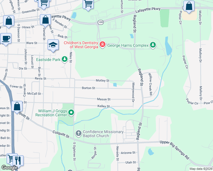 map of restaurants, bars, coffee shops, grocery stores, and more near 420 Macon Street in LaGrange