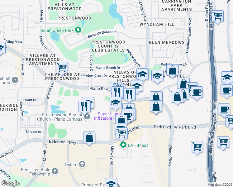 map of restaurants, bars, coffee shops, grocery stores, and more near Midway Rd & W Plano Pkwy in Plano