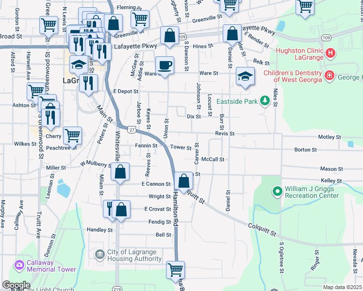map of restaurants, bars, coffee shops, grocery stores, and more near 313 Tower Street in LaGrange