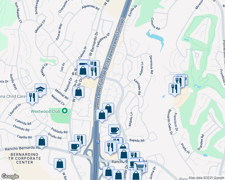 map of restaurants, bars, coffee shops, grocery stores, and more near 17557 Ashburton Road in San Diego
