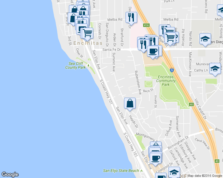 map of restaurants, bars, coffee shops, grocery stores, and more near 1462 Summit Avenue in Encinitas