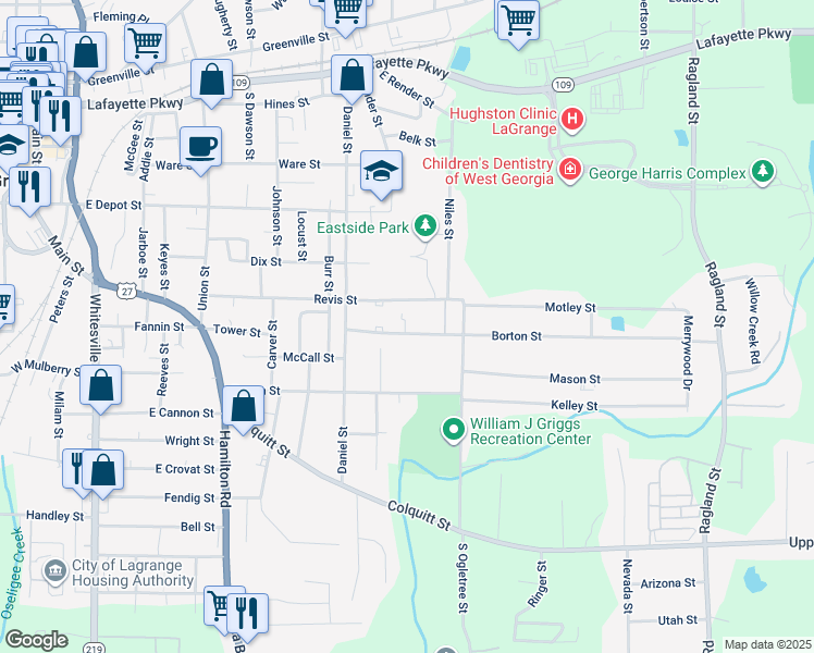 map of restaurants, bars, coffee shops, grocery stores, and more near 605c Borton Street in LaGrange