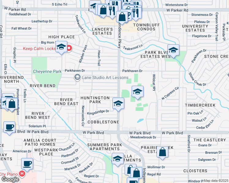 map of restaurants, bars, coffee shops, grocery stores, and more near 3112 Canterbury Drive in Plano