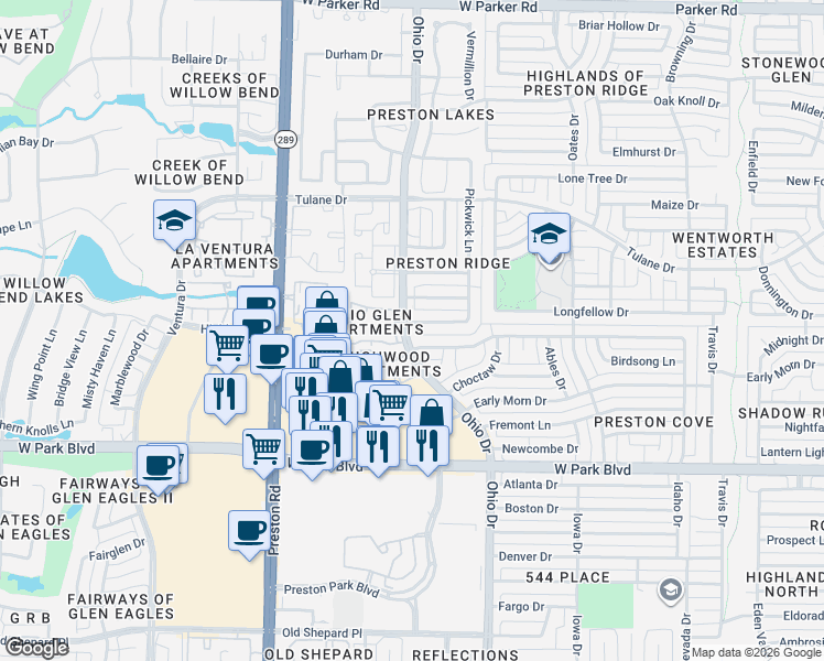 map of restaurants, bars, coffee shops, grocery stores, and more near 4632 Versailles Lane in Plano