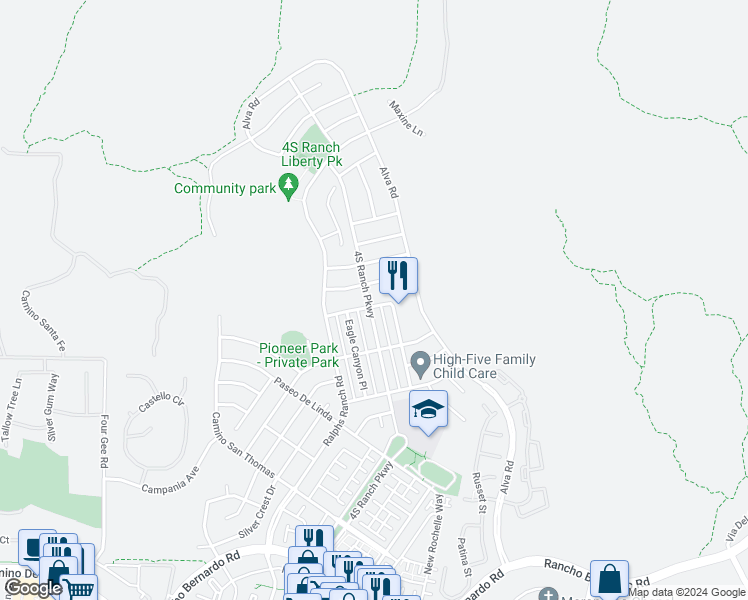 map of restaurants, bars, coffee shops, grocery stores, and more near 10452 Eagle Canyon Road in San Diego