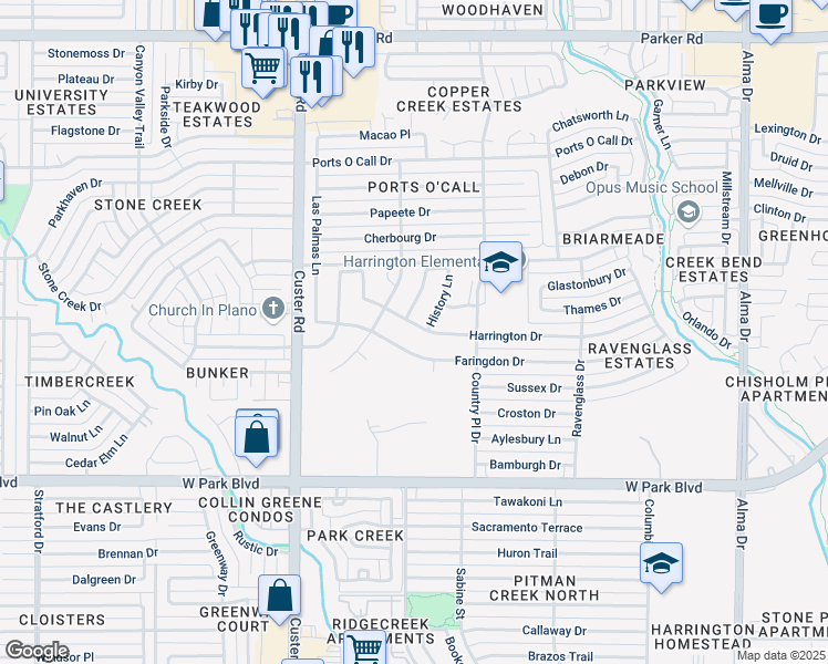 map of restaurants, bars, coffee shops, grocery stores, and more near 1708 Harrington Drive in Plano