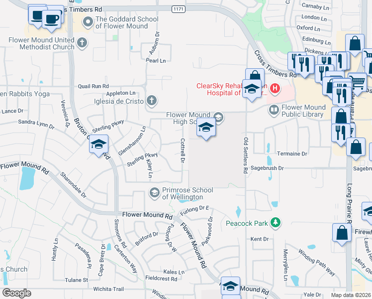 map of restaurants, bars, coffee shops, grocery stores, and more near 3312 Cottrell Drive in Flower Mound
