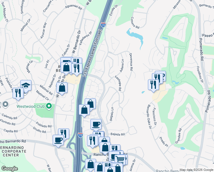 map of restaurants, bars, coffee shops, grocery stores, and more near 11915 Fairhope Road in San Diego