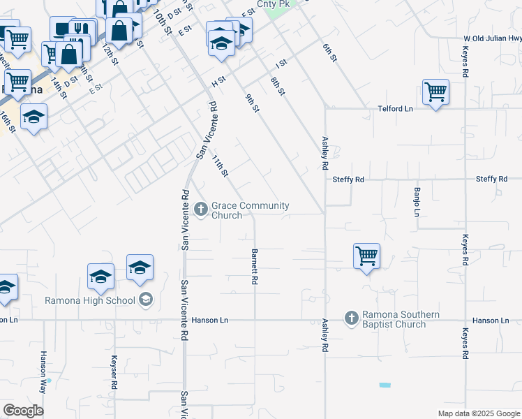 map of restaurants, bars, coffee shops, grocery stores, and more near 1217 Barger Place in Ramona