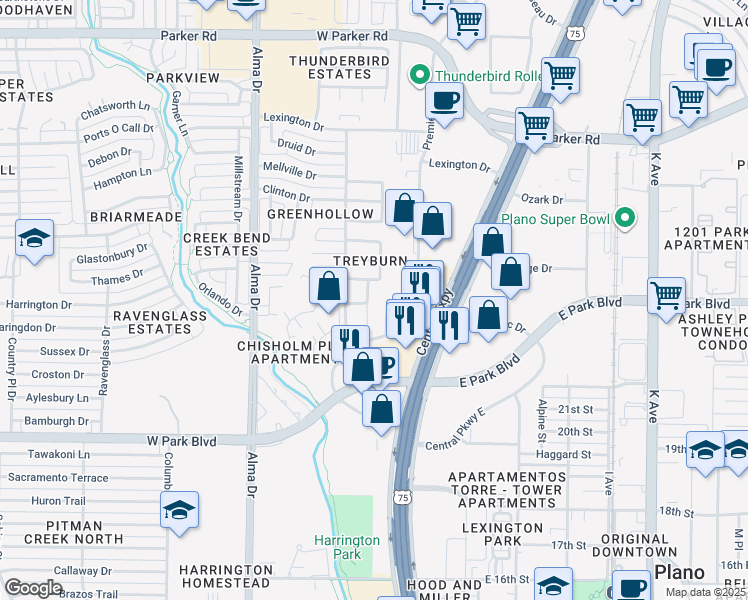 map of restaurants, bars, coffee shops, grocery stores, and more near 2400 Treyburn Court in Plano