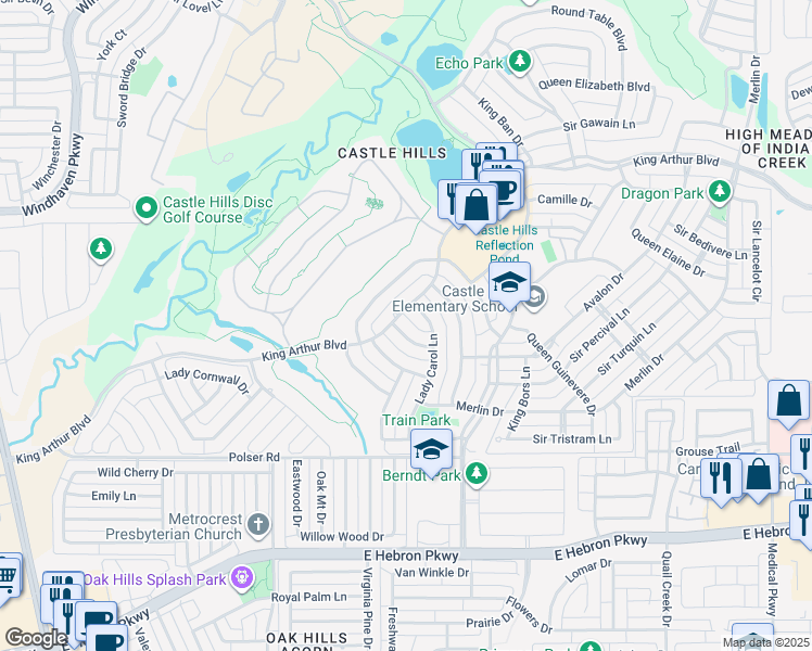 map of restaurants, bars, coffee shops, grocery stores, and more near 1105 Damsel Ginger Ln in Lewisville