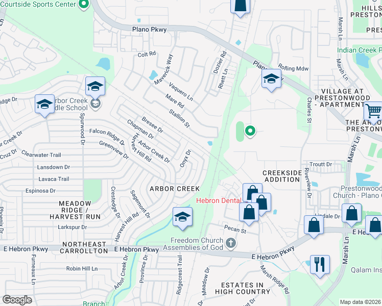 map of restaurants, bars, coffee shops, grocery stores, and more near 4352 Onyx Drive in Carrollton