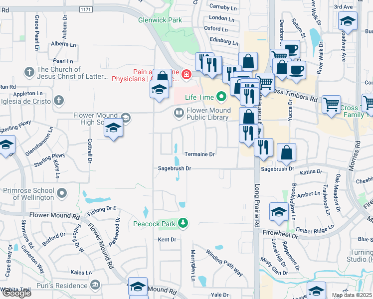 map of restaurants, bars, coffee shops, grocery stores, and more near 3304 Dowland Dr in Flower Mound