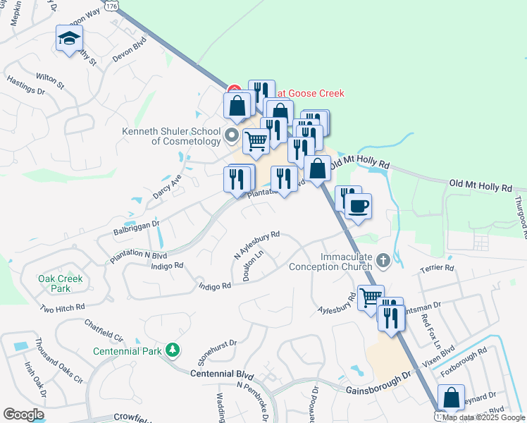 map of restaurants, bars, coffee shops, grocery stores, and more near 105 Chelwood Drive in Goose Creek