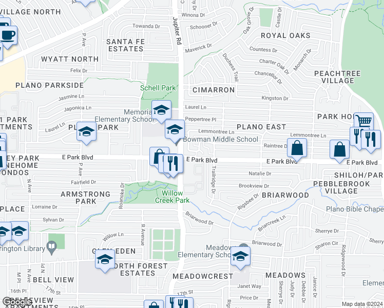 map of restaurants, bars, coffee shops, grocery stores, and more near 2404 Raintree Drive in Plano