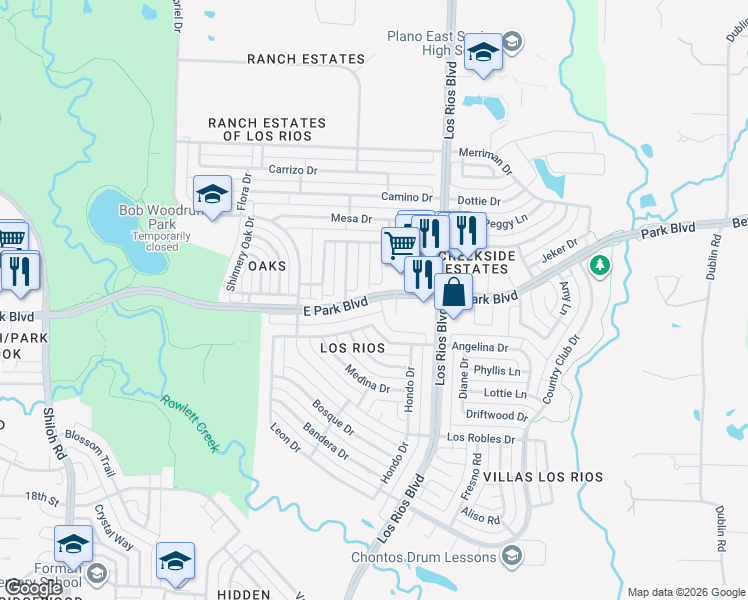 map of restaurants, bars, coffee shops, grocery stores, and more near 3990 East Park Boulevard in Plano