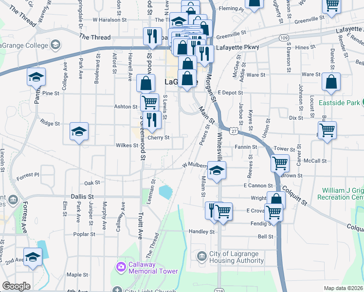 map of restaurants, bars, coffee shops, grocery stores, and more near 100 Peachtree St in LaGrange