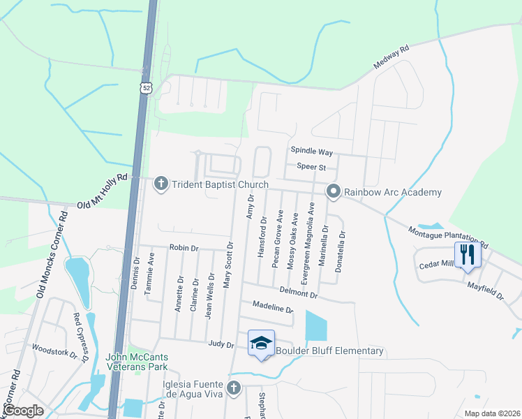 map of restaurants, bars, coffee shops, grocery stores, and more near 539 Hansford Drive in Goose Creek