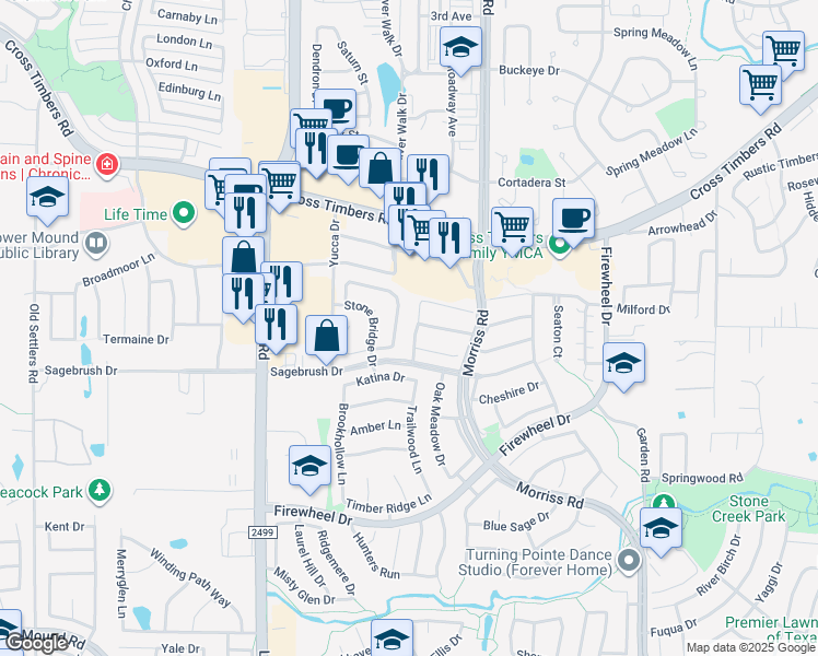 map of restaurants, bars, coffee shops, grocery stores, and more near 3325 Bradford Drive in Flower Mound