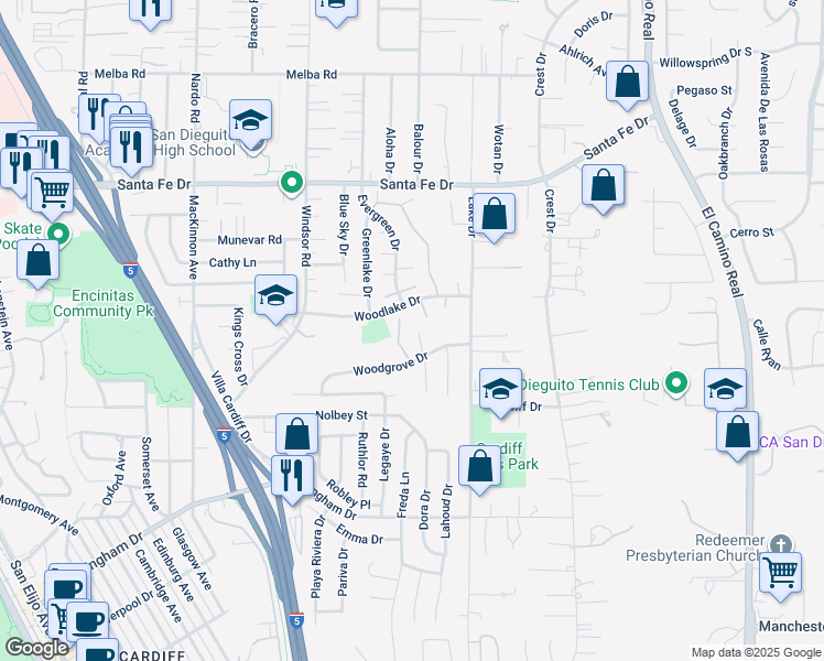 map of restaurants, bars, coffee shops, grocery stores, and more near 1430 Big Canyon Terrace in Encinitas
