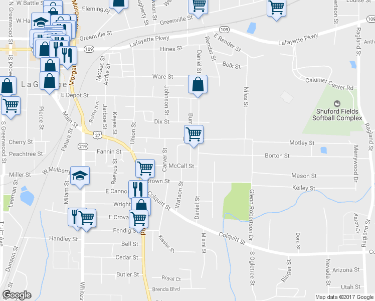 map of restaurants, bars, coffee shops, grocery stores, and more near 306 Burr Street in LaGrange