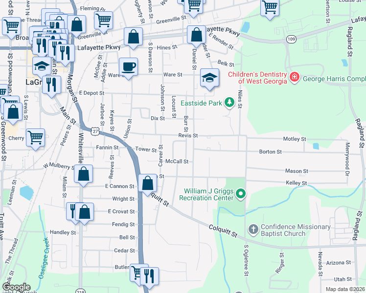 map of restaurants, bars, coffee shops, grocery stores, and more near 306 Burr Street in LaGrange