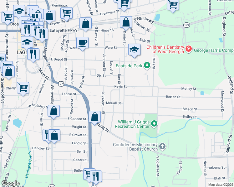 map of restaurants, bars, coffee shops, grocery stores, and more near 306 Burr Street in LaGrange