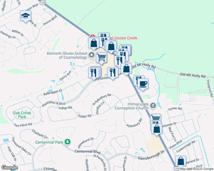 map of restaurants, bars, coffee shops, grocery stores, and more near 105 Chelwood Drive in Goose Creek