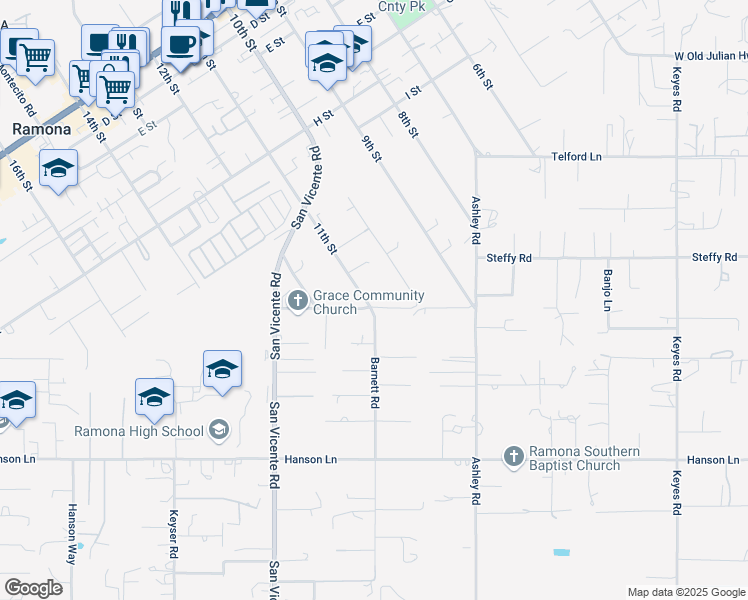 map of restaurants, bars, coffee shops, grocery stores, and more near 1217 Barger Place in Ramona