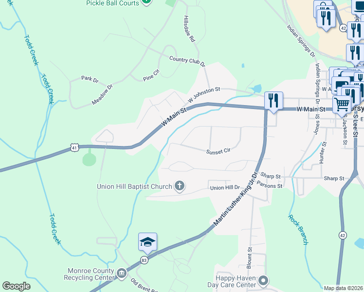 map of restaurants, bars, coffee shops, grocery stores, and more near 478 Sunset Circle in Forsyth