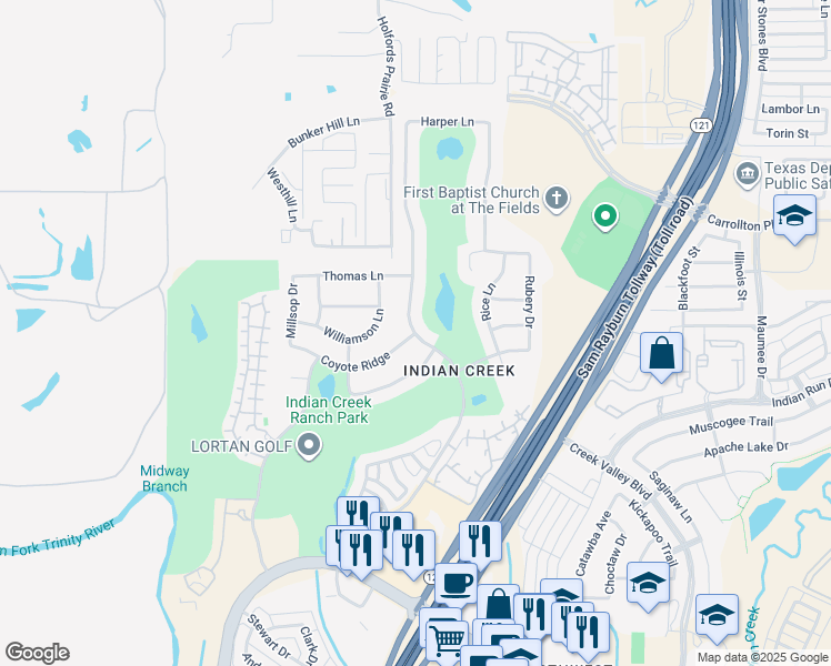 map of restaurants, bars, coffee shops, grocery stores, and more near Fairway Drive in Carrollton
