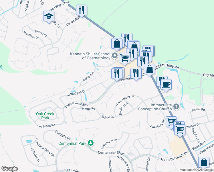 map of restaurants, bars, coffee shops, grocery stores, and more near 100 Walby Loch Way in Goose Creek
