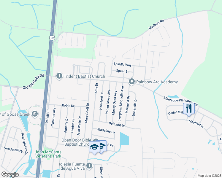 map of restaurants, bars, coffee shops, grocery stores, and more near 148 Pecan Grove Avenue in Goose Creek