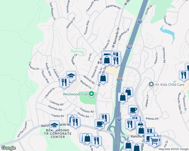 map of restaurants, bars, coffee shops, grocery stores, and more near 17460 Hada Drive in San Diego