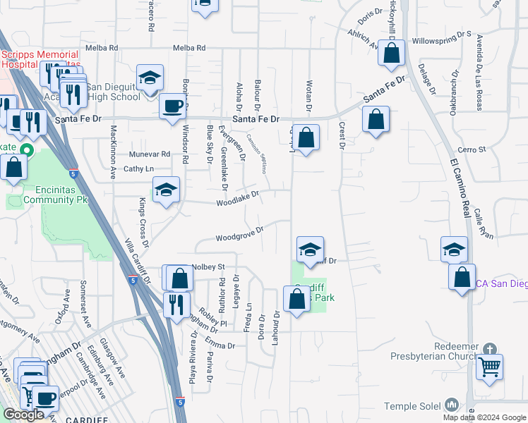map of restaurants, bars, coffee shops, grocery stores, and more near 1430 Big Canyon Terrace in Encinitas