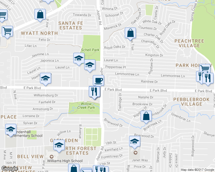 map of restaurants, bars, coffee shops, grocery stores, and more near 2404 Raintree Drive in Plano