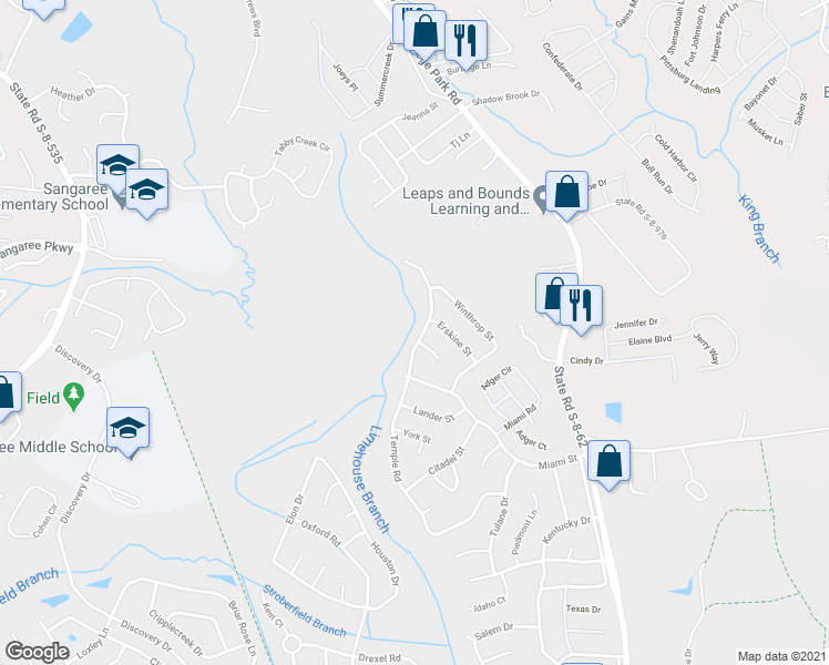 map of restaurants, bars, coffee shops, grocery stores, and more near 717B Temple Road in Ladson