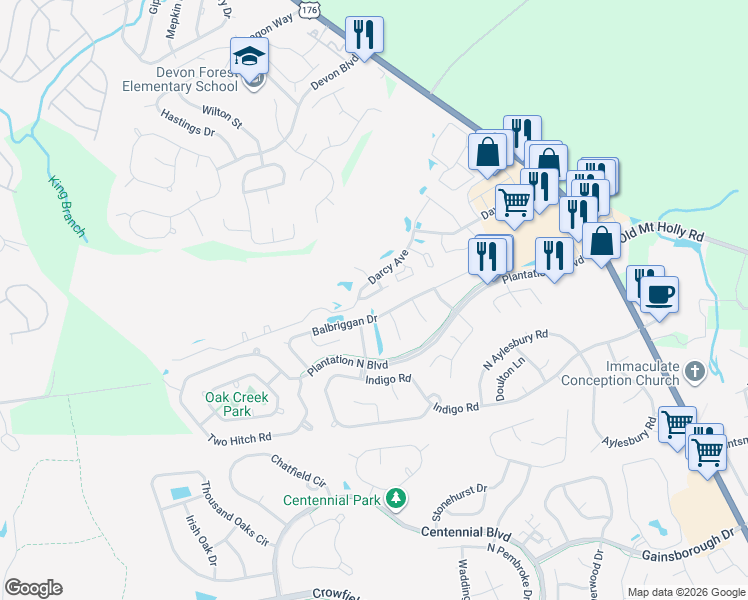 map of restaurants, bars, coffee shops, grocery stores, and more near 114 Greyson Circle in Goose Creek