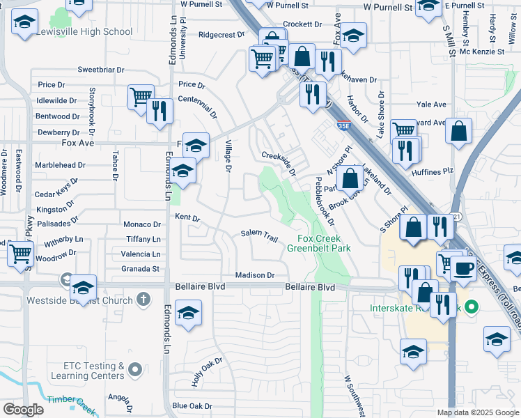 map of restaurants, bars, coffee shops, grocery stores, and more near 839 Bowling Green Drive in Lewisville