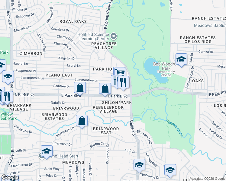 map of restaurants, bars, coffee shops, grocery stores, and more near 2508 Ridgewood Drive in Plano