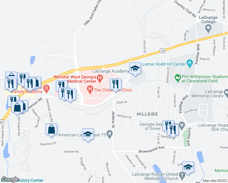 map of restaurants, bars, coffee shops, grocery stores, and more near 1510 Vernon Road in LaGrange