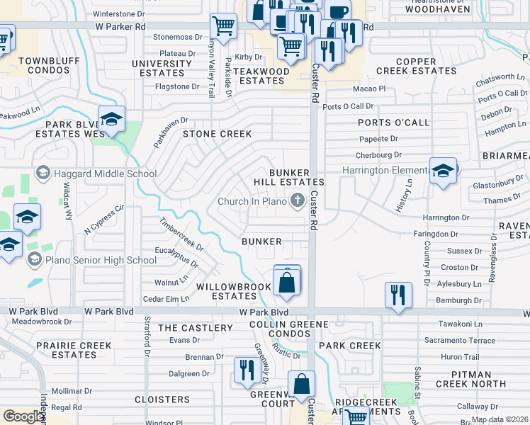 map of restaurants, bars, coffee shops, grocery stores, and more near 2513 Alexa Court in Plano