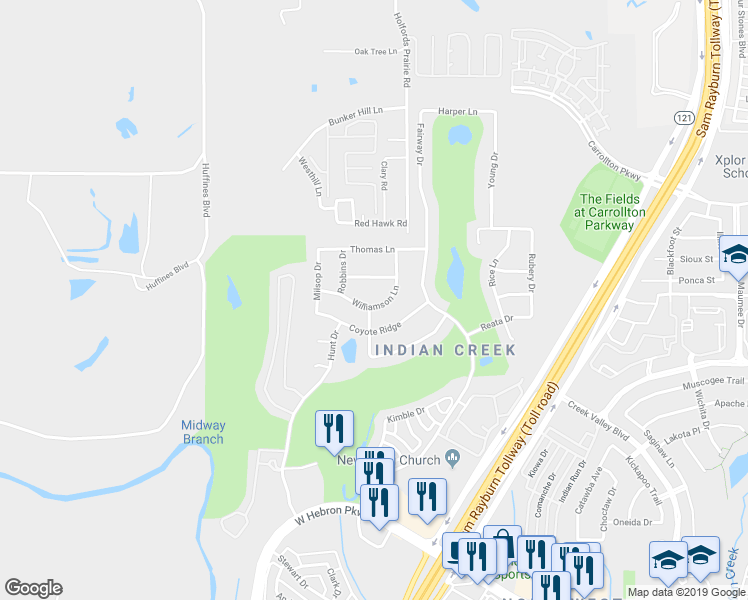 map of restaurants, bars, coffee shops, grocery stores, and more near 4301 Williamson Lane in Carrollton