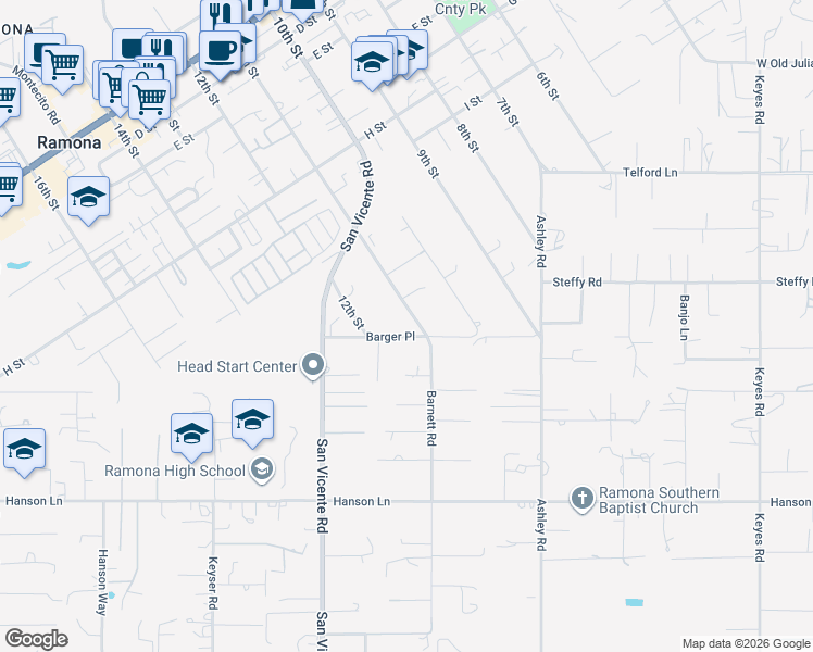 map of restaurants, bars, coffee shops, grocery stores, and more near 1155 11th Street in Ramona