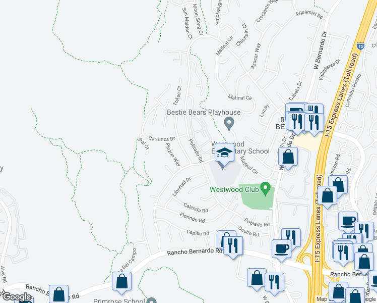 map of restaurants, bars, coffee shops, grocery stores, and more near 11006 Autillo Way in San Diego