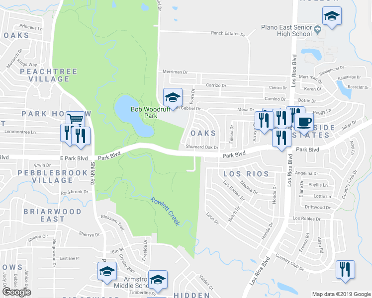 map of restaurants, bars, coffee shops, grocery stores, and more near 3800 Shumard Oak Drive in Plano
